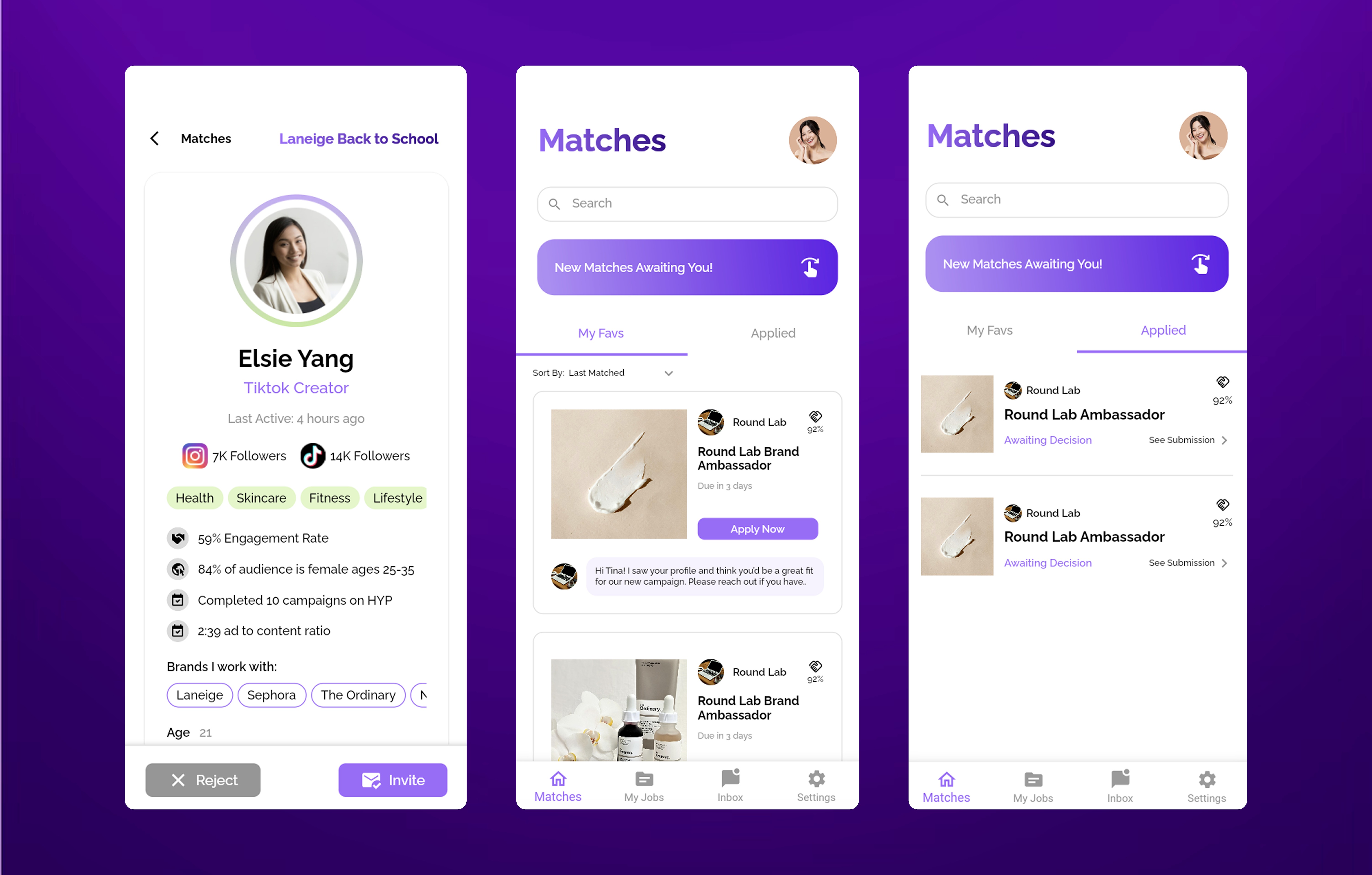 Three mobile screens showing inconsistent design patterns and layouts across the Hyphenova app