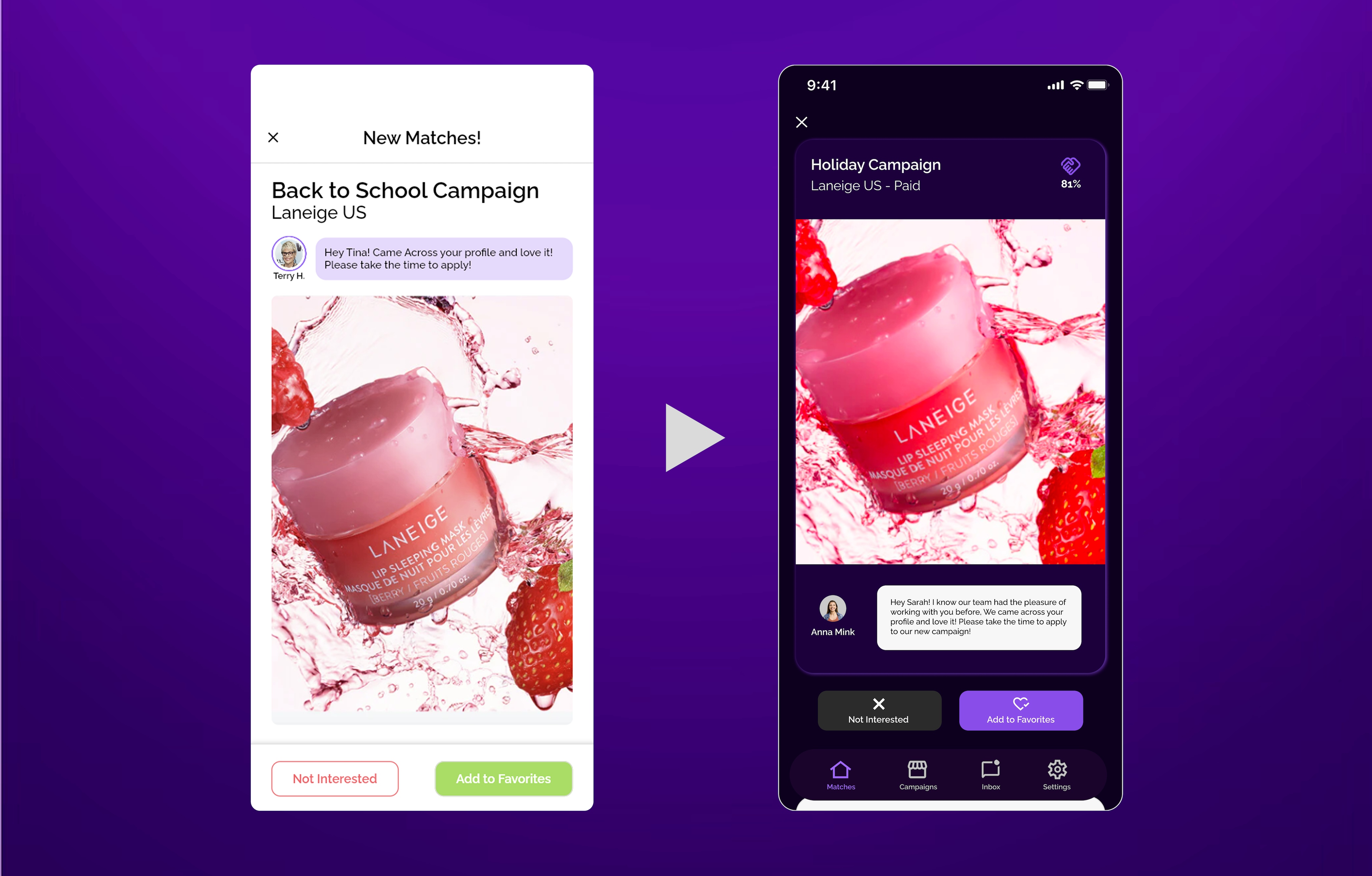Hyphenova app interface showing desktop and mobile views of the same campaign content