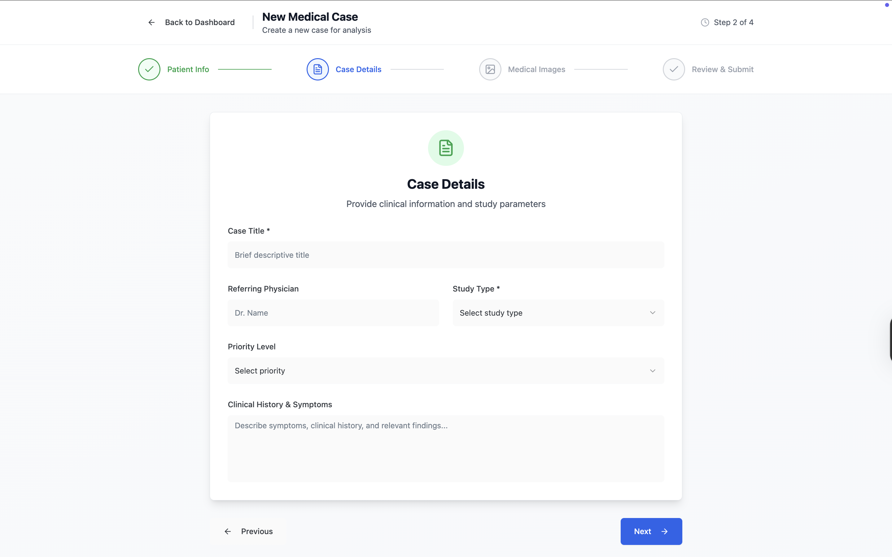 MediLens case details form with fields for case title, referring physician, study type, priority level, and clinical history