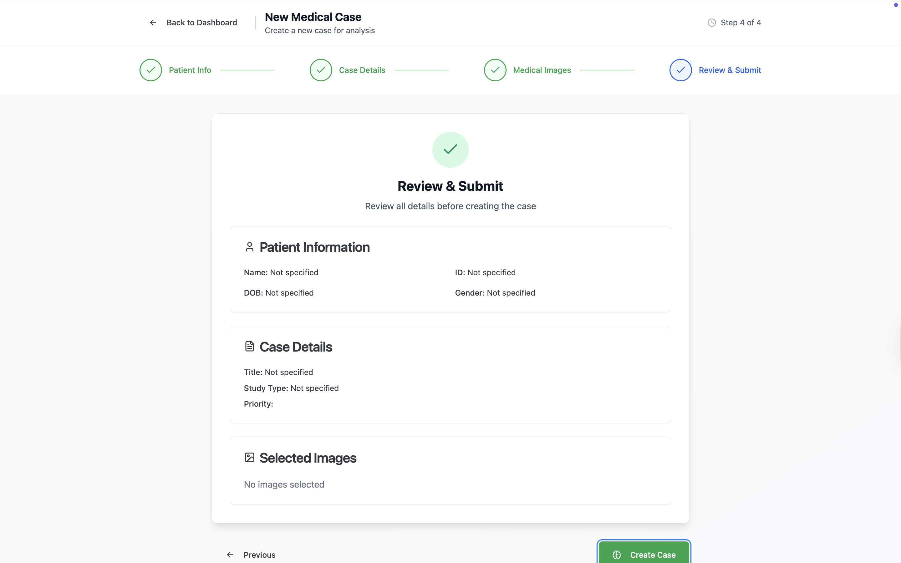 MediLens review and submit screen showing summary of patient information, case details, and selected images before case creation