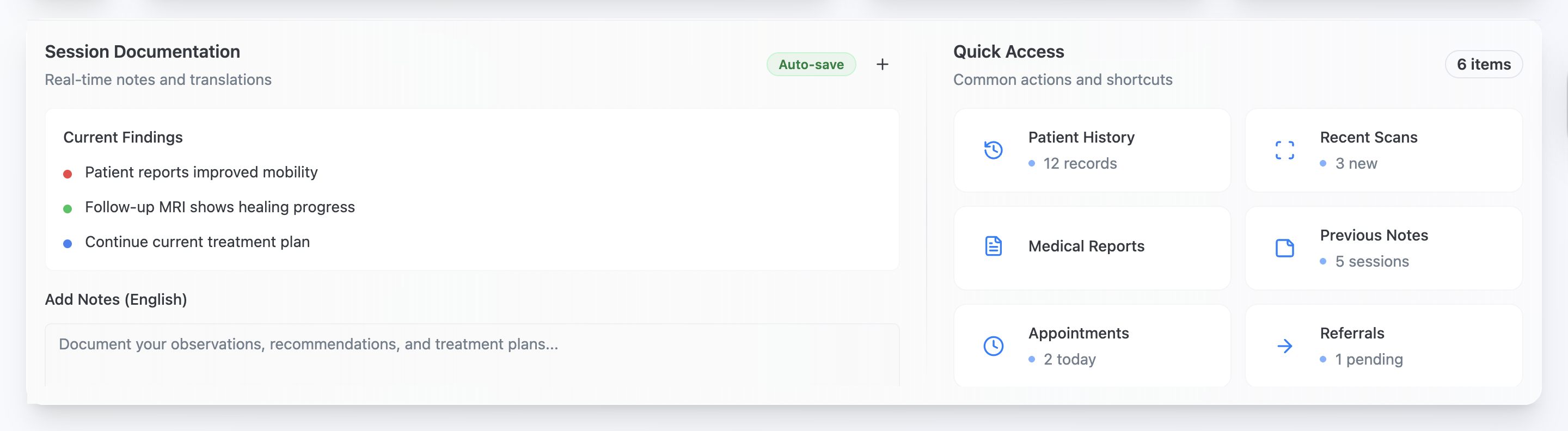 MediLens session documentation interface with current findings and quick access panel