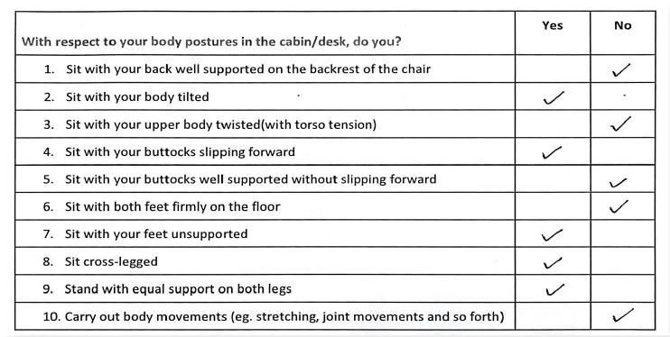 Posture checklist showing participant responses to body posture questions