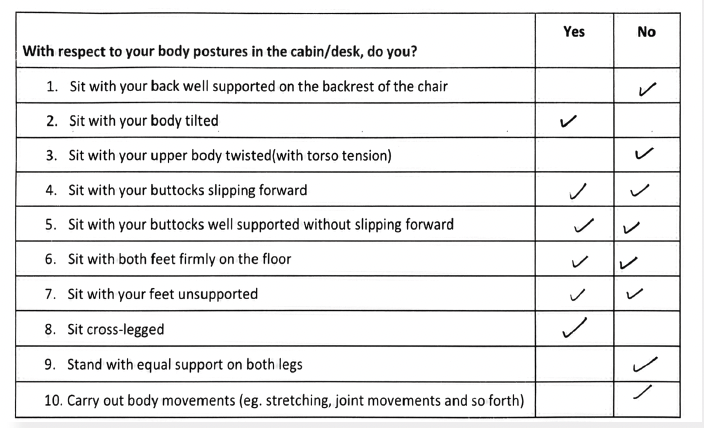 Another posture checklist showing different participant responses