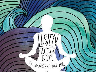 Artistic illustration with flowing patterns and meditation silhouette with text 'Listen to your body. It's smarter than you.'