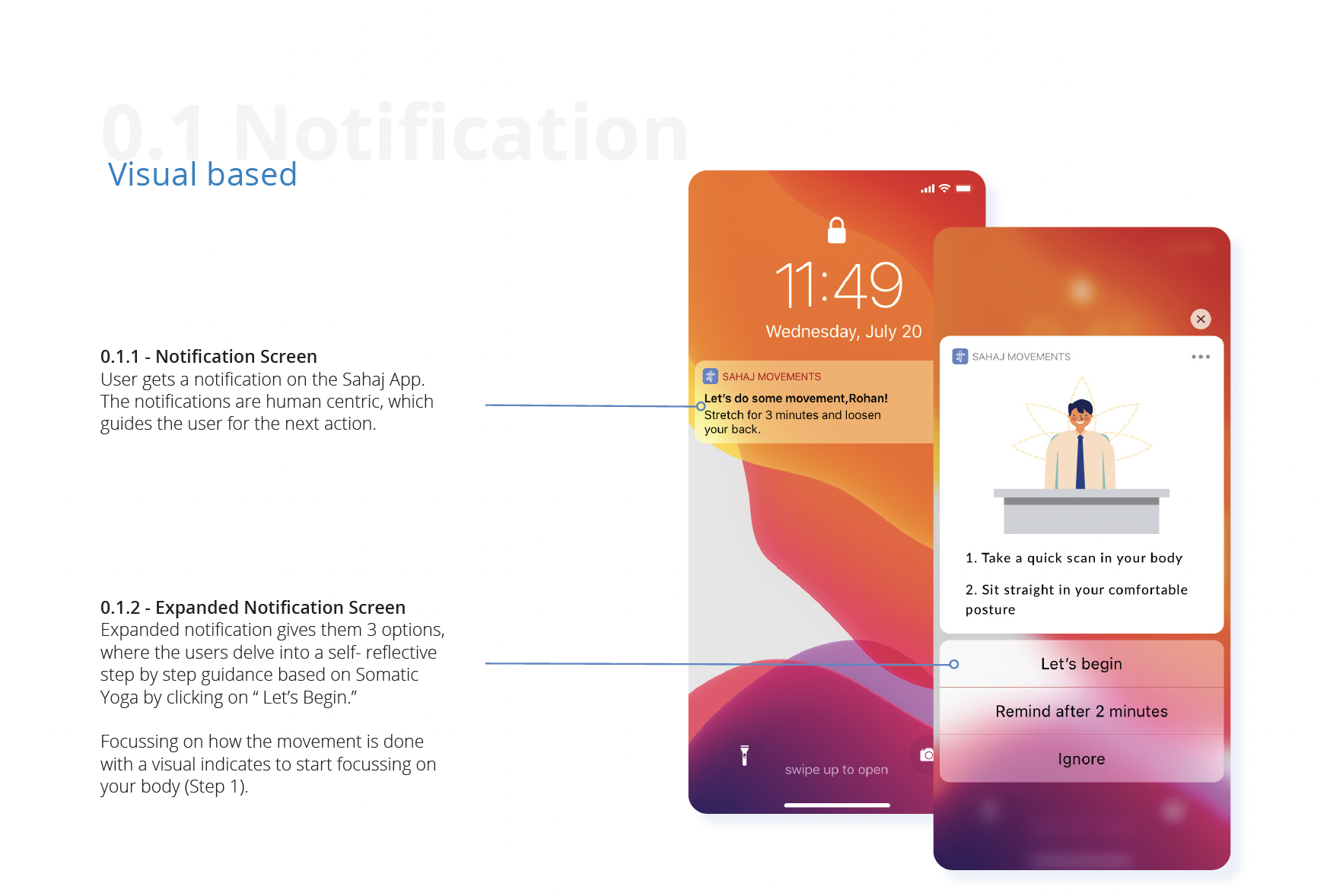 Visual notification screens showing lock screen and expanded notification options with movement prompts