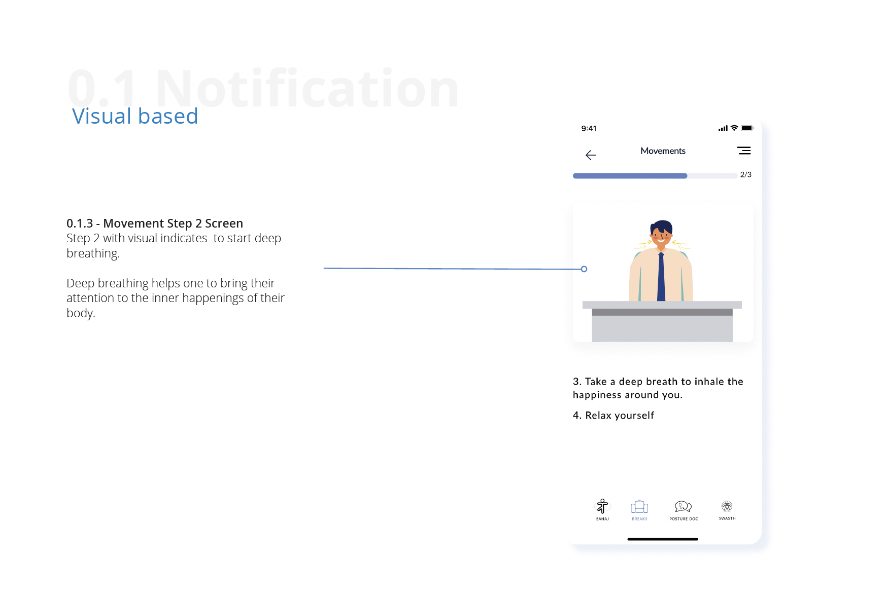 Movement step 2 screen with deep breathing exercise guidance and mindfulness instructions
