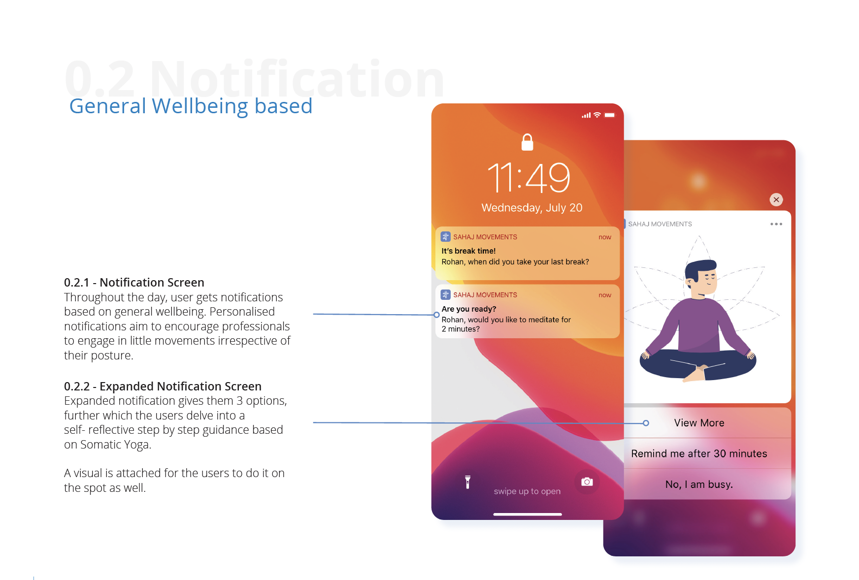 General wellbeing notification screens with meditation prompts and user response options