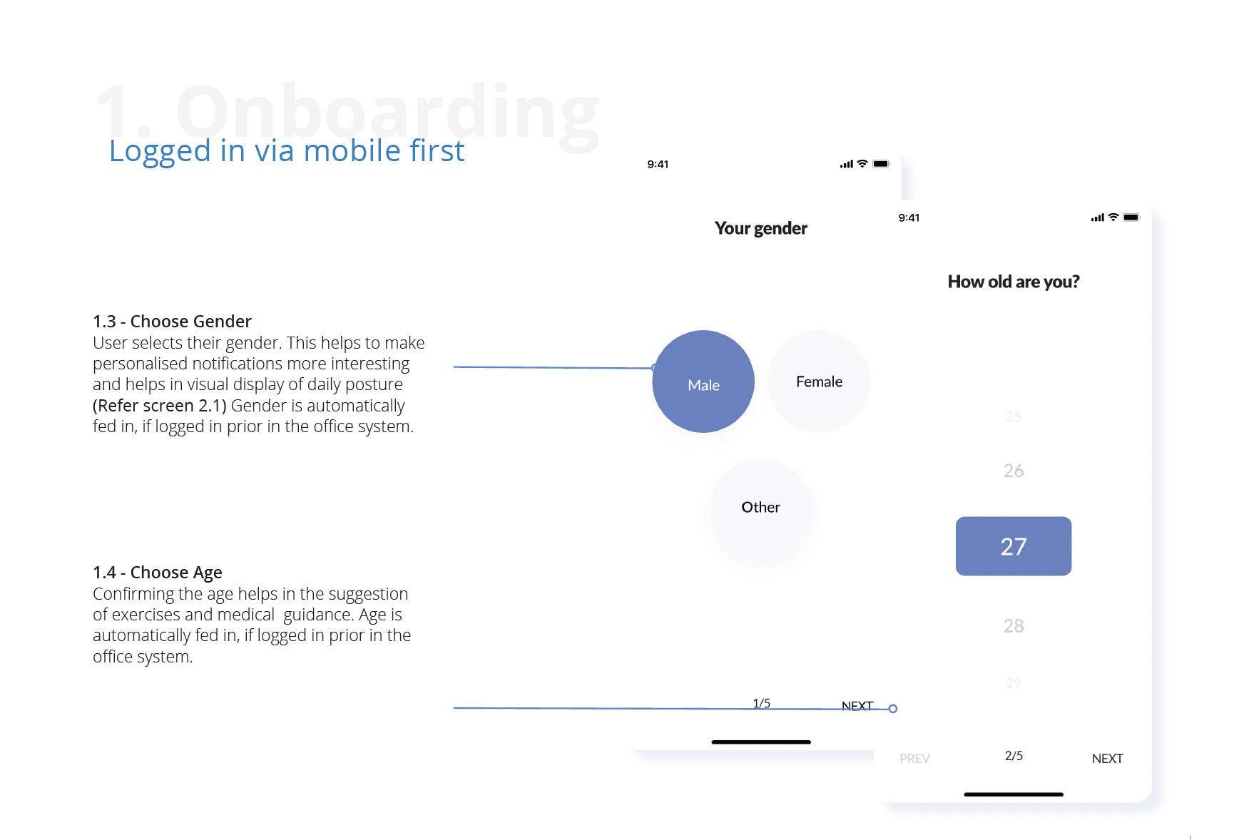 Onboarding screens for gender and age selection in mobile-first user flow