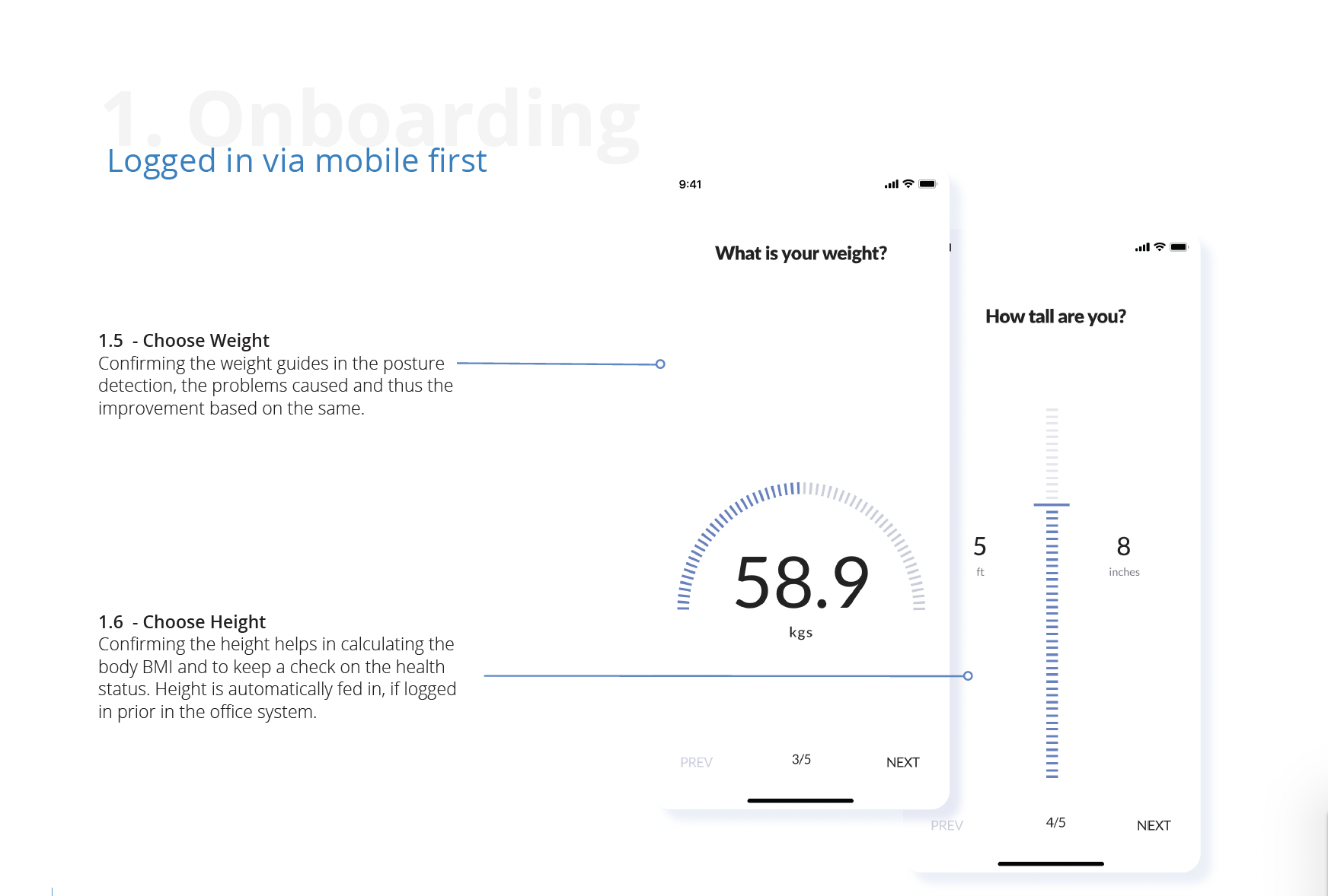 Weight and height selection screens for personalized health tracking experience