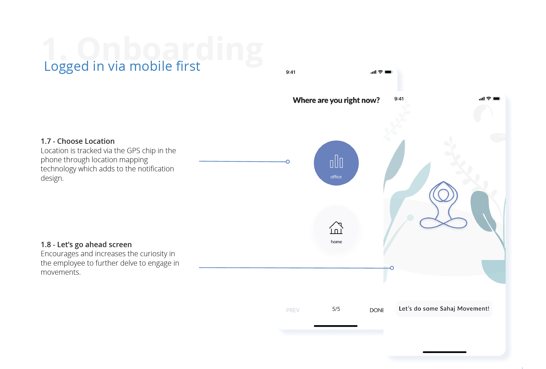 Location selection and onboarding completion screens for mobile-first experience