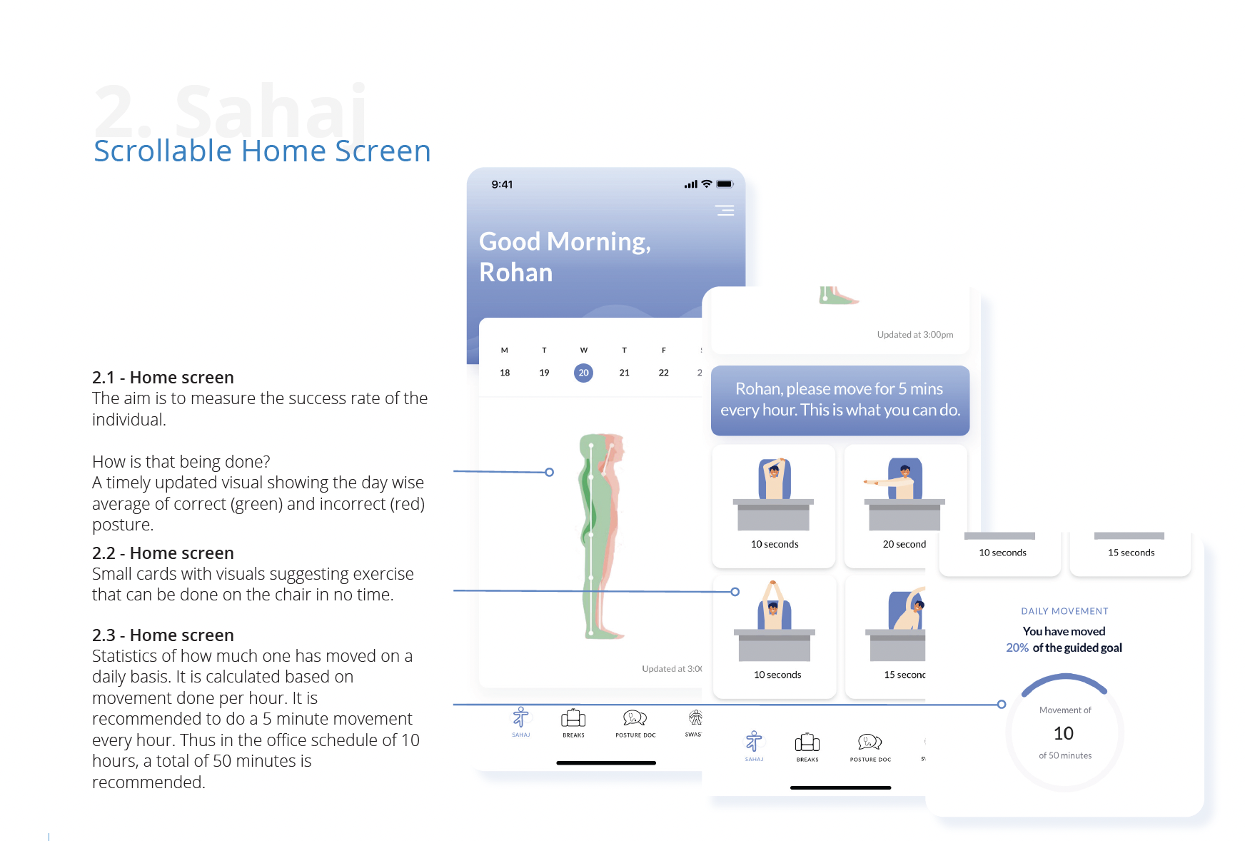 Scrollable home screen with daily movement tracking, statistics and progress visualization