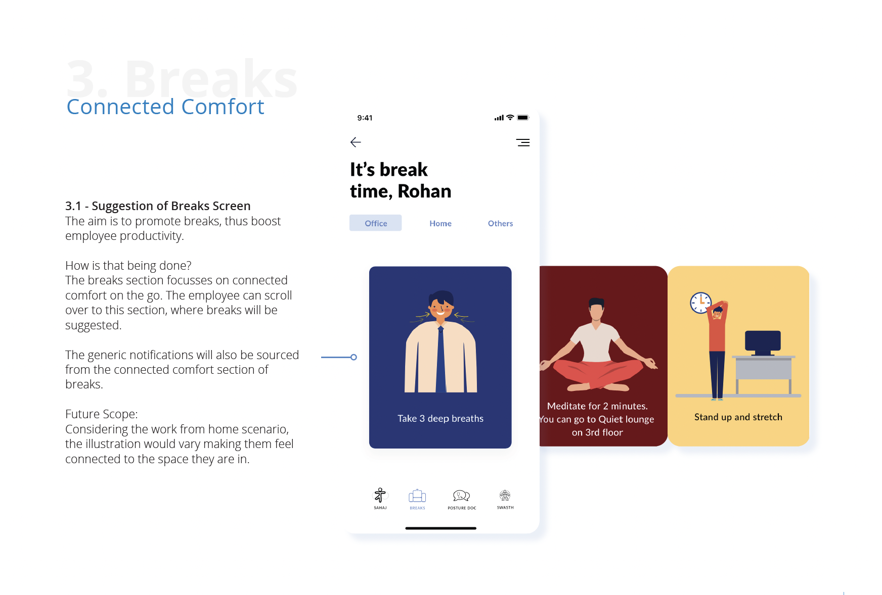 Connected comfort break suggestions screen with office, home and other location activity options