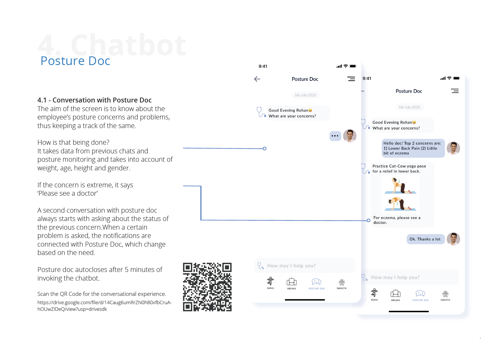 Posture Doc conversational chatbot interface with QR code and personalized posture advice