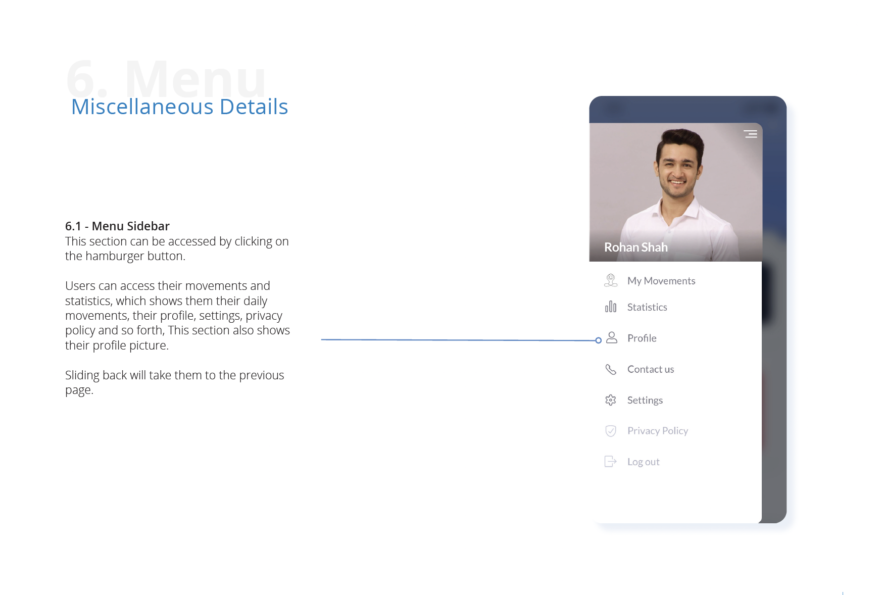 Menu sidebar with user profile and navigation options including movements, statistics and settings
