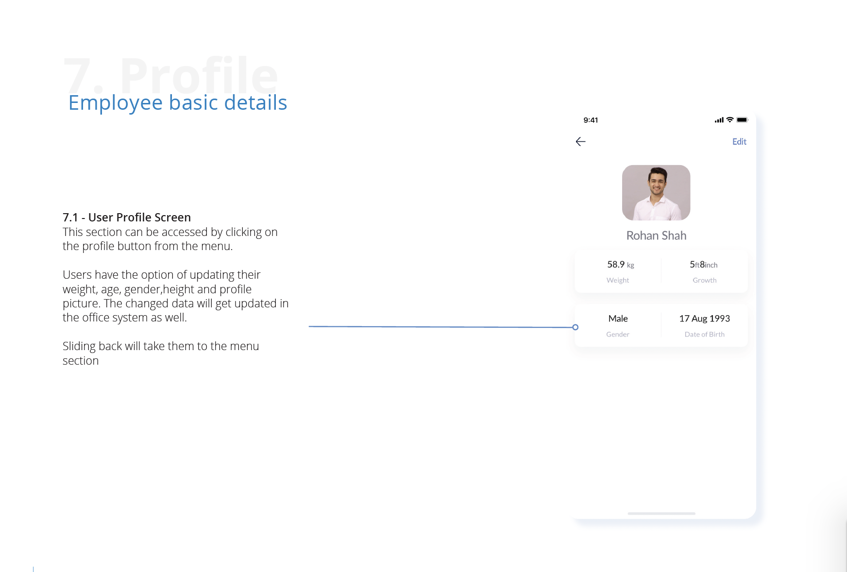 User profile screen showing employee basic details including weight, height, gender and personal information