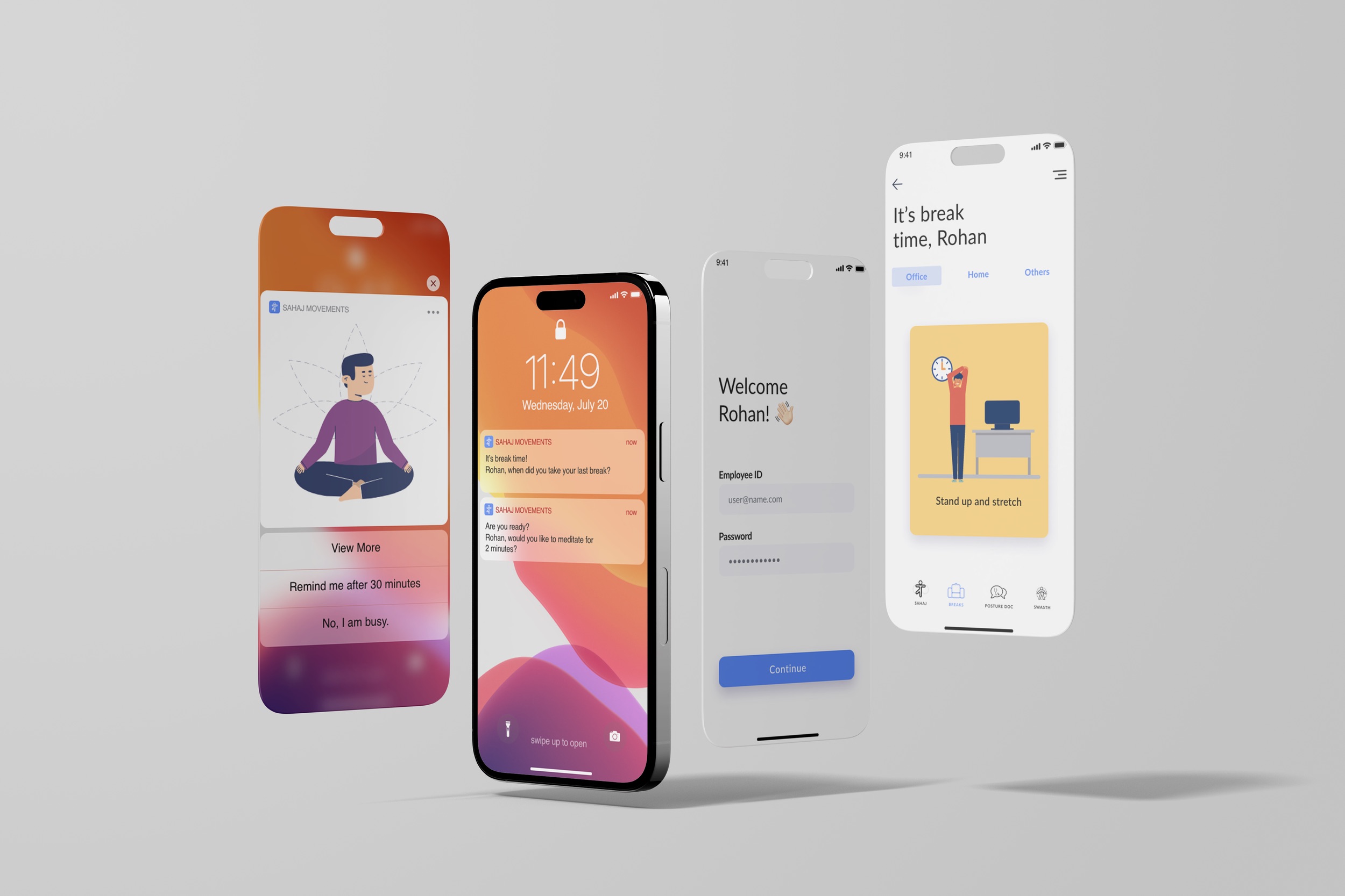 Sahaj prototype interface showing the wearable device and companion app